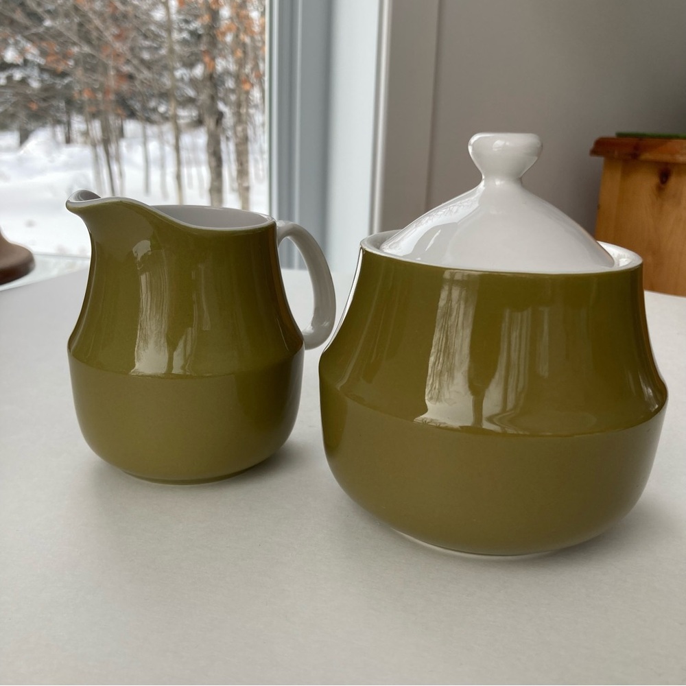 Olive Green White Ceramic Guild Creamer Milk Sugar Set Esperanto H896 Japan 60’s